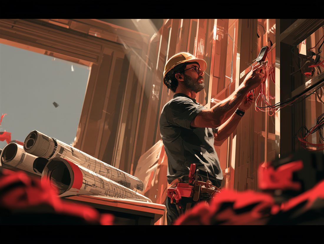 An electrician running cables in a new-build house