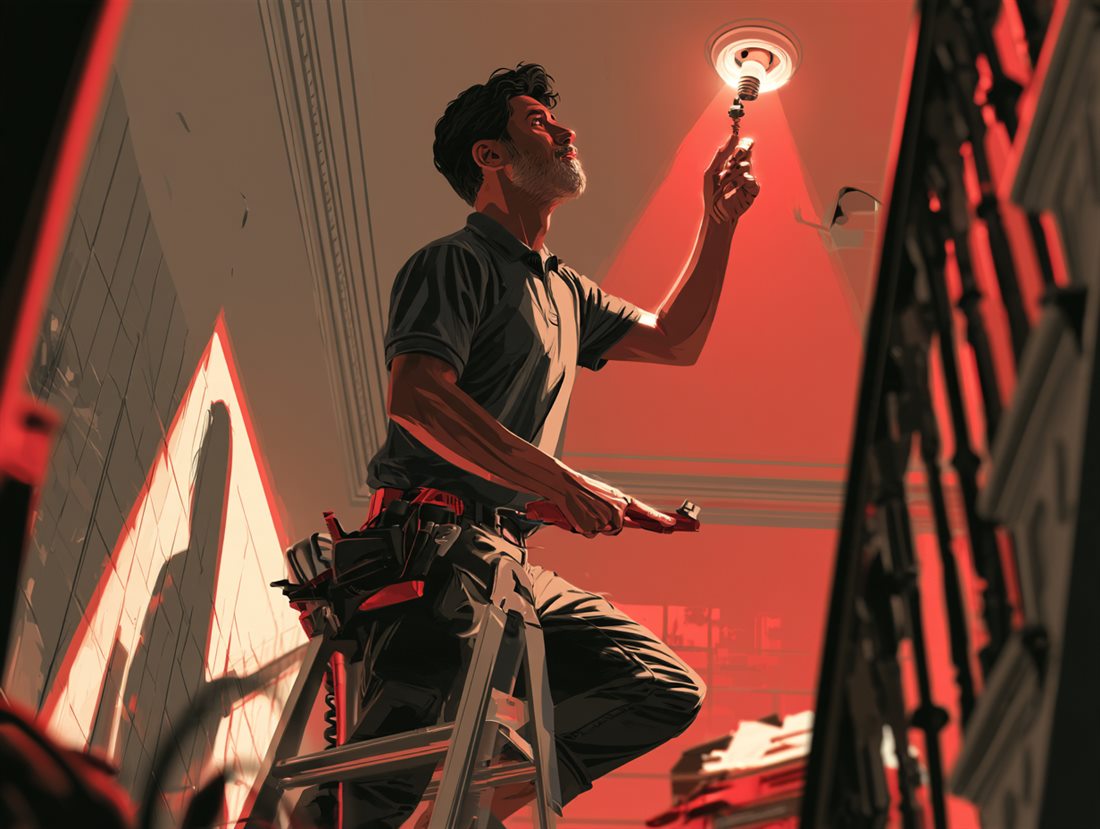 An electrician replacing a light in a tenement stairwell