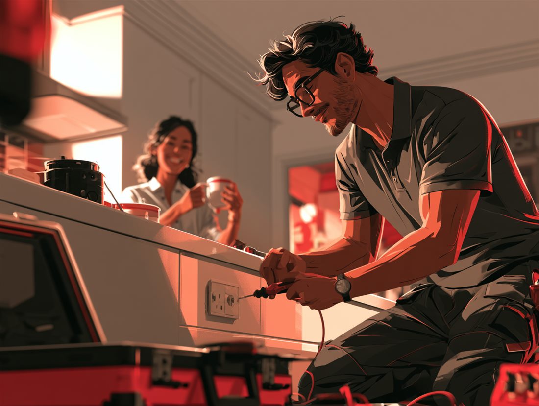An electrician fitting a new socket in a family kitchen