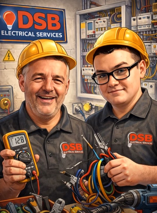 Cartoon of Joe and his son Sam of DSB Electrical Services