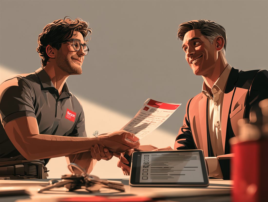 An electrician handing a report to a letting agent
